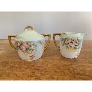Vtg Weimar‎ Cream & Sugar Green Pink Roses Victorian - Made In Germany